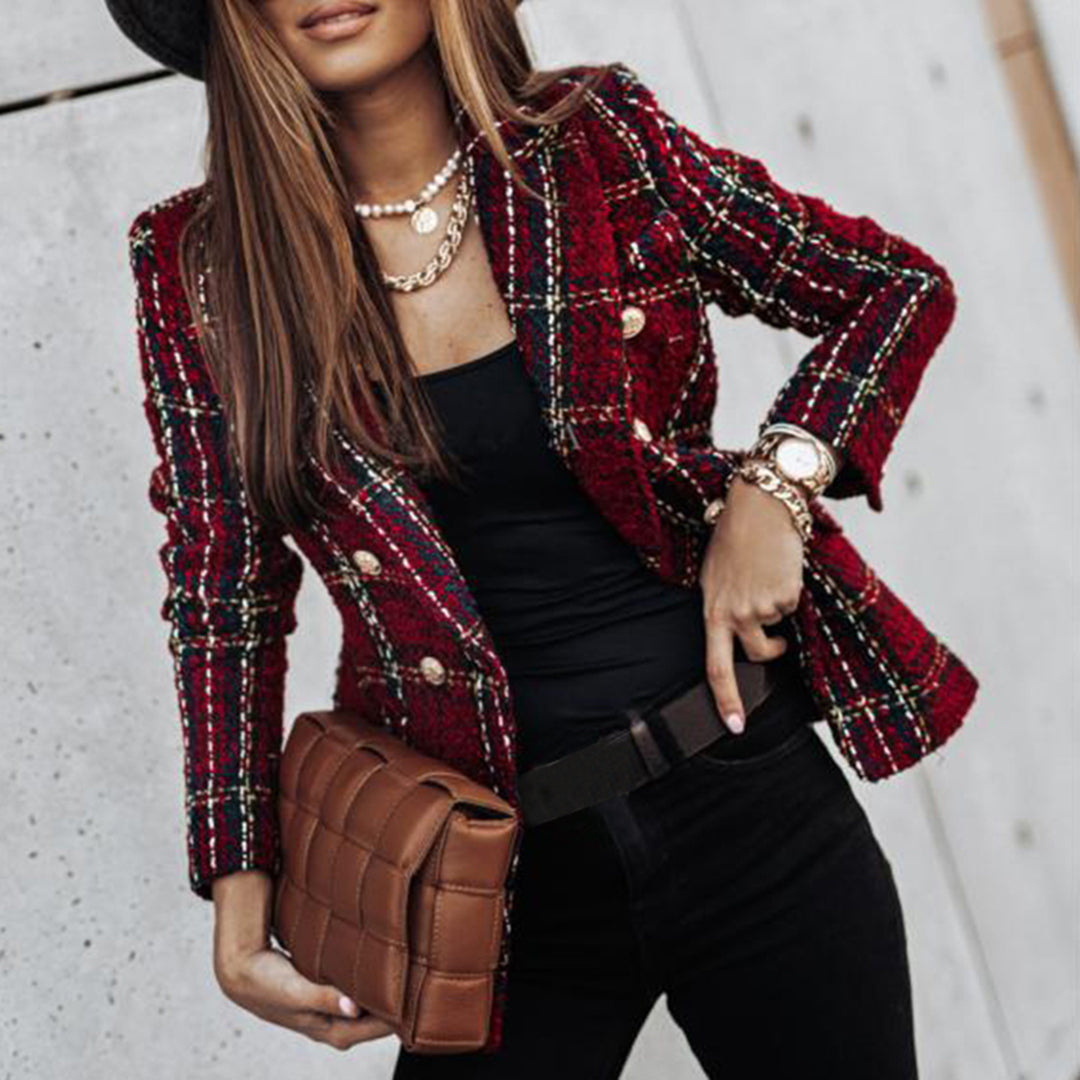 Dory | Elegante Dubbelrijige Damesblazer met Ruitpatroon